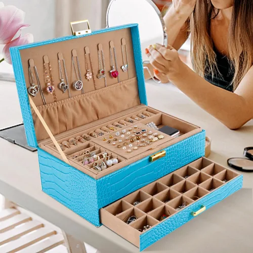 Vista 7 de Gifturbo Caja organizadora de joyas para mujeres y niñas, cajas de joyería de piel sintética azul, 3 capas de joyería, caja de regalo para pulseras