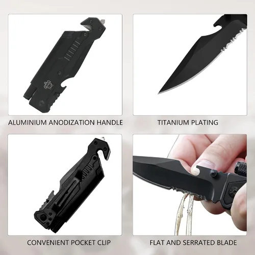 Vista 4 de Cuchillo de bolsillo militar EDC de 8.5 pulgadas para exteriores, 7 en 1, cuchillos plegables multifunción con iniciador de fuego, cortador de Negro