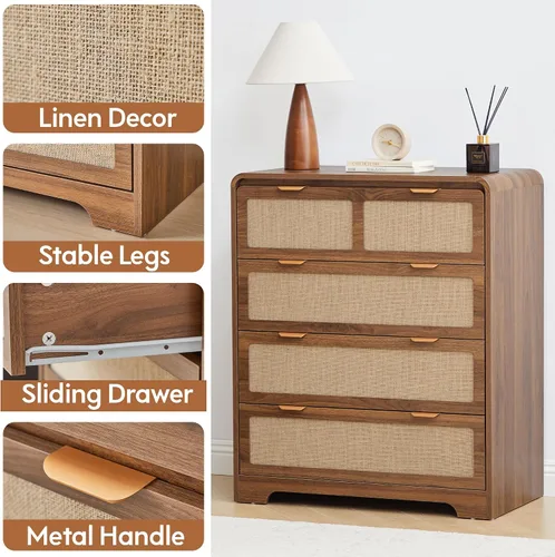 Vista 9 de Cómoda moderna de mediados de siglo para dormitorio con 4 cajones, cómoda de 35 pulgadas de alto con lino natural, cómoda de madera curvada