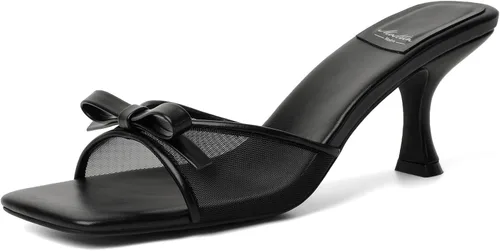 Vista 22 de Mostrin - Sandalias con tacón de gatitos para mujer, con punta redonda con lazo, vintage, sexy, de tacón aguja, sin talón, para fiesta y uso diario