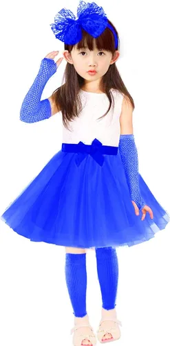 Vista 2 de jiebor Accesorios de disfraz de los años 80 para niñas, falda tutú, calentadores de piernas, guantes de red, obturador, diadema de cristal, collar