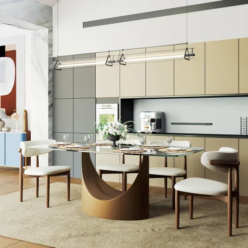 Vista 4 de POVISON Mesa de comedor de cristal de 79" para 6-8, mesa de comedor rectangular moderna, mesa de cristal templado con base de bronce en forma de U