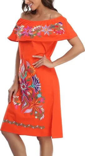Vista 2 de YZXDORWJ Vestido bordado mexicano para mujer, cuello con volantes, sin mangas