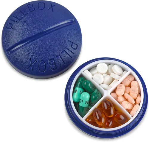 Vista 9 de Pastillero redondo para viajes, mini organizador compacto portátil de 4 compartimentos, dispensador de vitaminas y medicamentos hasta 4 veces al
