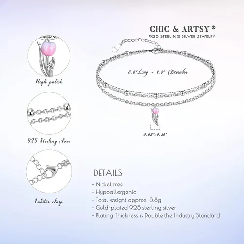 Vista 165 de CHIC & ARTSY Tobilleras delicadas de plata de ley S925 para verano, pulsera de tobillo ajustable multicapa para playa, joyería de pie para mujer