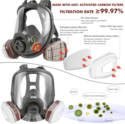 Vista 3 de Máscara respiradora contra gases, rostro completo, reutilizable, supervivencia nuclear y química, filtro carbón activado 6001 1.57″ para polvo