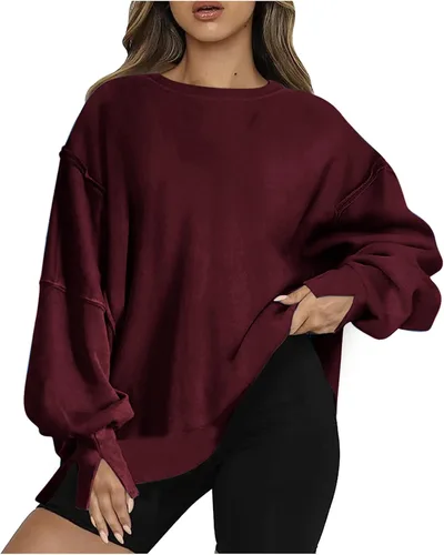 Vista 6 de Ceboyel Sudadera de gran tamaño para mujer 2023, color sólido, cuello redondo, suéter con abertura lateral, cómodo ropa de moda de otoño