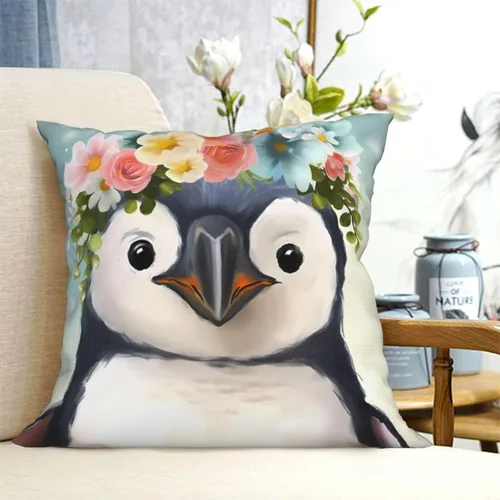 Vista 6 de Funda de cojín cuadrada suave con estampado de pingüinos con estampado de flores, para decoración del hogar, sala de estar, cama, sofá automóvil, 18