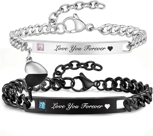 Vista 9 de MEALGUET Pulseras a juego para parejas para hombres y mujeres: juego de pulseras de cadena de eslabones cubanos de acero inoxidable para novio