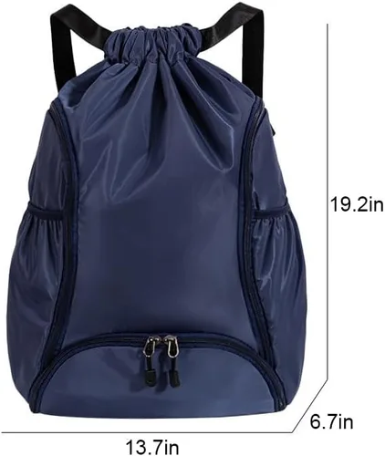 Vista 2 de Mochila deportiva con cordón, bolsa de gimnasio impermeable para mujeres y hombres, paquete de baloncesto con compartimento para zapatos, Negro