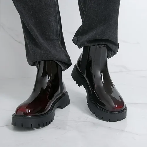 Vista 5 de Botas Chelsea con plataforma gruesa de charol para hombre, puntera redonda, suela de lengüeta, para negocios, para uso diario, al aire libre