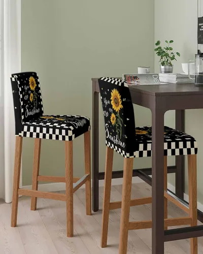 Vista 2 de Funda elástica para silla de bar con diseño de girasoles y flores de granja vintage, a cuadros negros, extraíble, lavable, para cocina, comedor