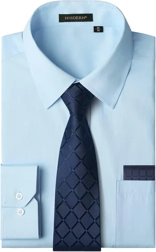 Vista 46 de HISDERN Mens Dress Shirt with Tie Pocket Square Set Classic Button Down Shirt Matching Tie Long Sleeve Shirts 08-verde