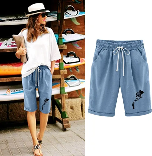 Vista 2 de Women Summer Cotton Linen Mid-Rise Bermuda Shorts Drawstring Elastic Waist Shorts with Pockets (Available in Plus Size)