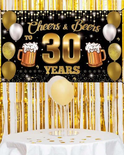 Vista 5 de Cartel de fondo de "Cheers & Beers to 30 Years", decoraciones de feliz cumpleaños 30 para hombres y mujeres, decoración de 30 aniversario