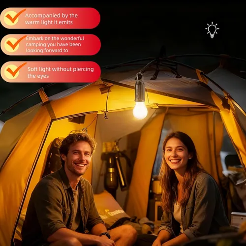 Vista 5 de Linterna LED portátil para campamento, gancho para colgar en cualquier lugar, recargable USB-C, 3 modos de brillo, resistente al agua