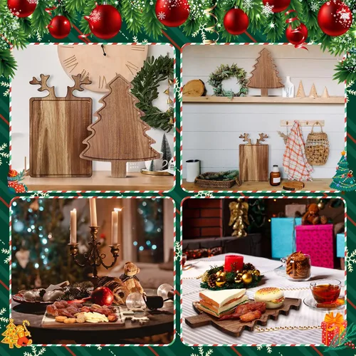 Vista 5 de Umigy 2 Piezas Tablas de Charcutería de Navidad Tabla de Cortar de Madera en Forma de Árbol de Navidad con Mango Cornamenta Madera de Acacia Bonita