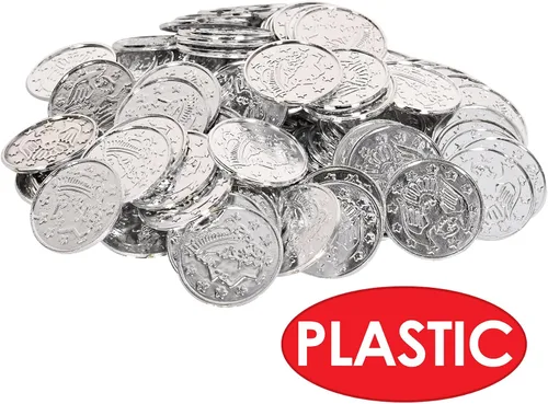 Vista 5 de Beistle 100 monedas de plástico en relieve de plata para casino occidental y tema pirata, recuerdos de fiesta del cofre del tesoro, 1.5 pulgadas