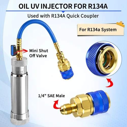 Vista 5 de Inyector de tinte CA FANOVO 1234YF con válvula de bola de cierre y preventor de reflujo Upgrade R1234YF AC Oil Injector, 2 OZ Refrigerant Hand