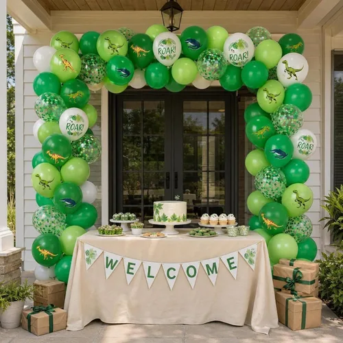 Vista 7 de Globos de dinosaurio, 12 pulgadas, decoraciones de safari en la selva para Conjunto de látex con estampado de dinosaurio verde claro y blanco