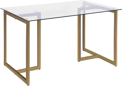 Vista 9 de FurnitureR Mesa de comedor de vidrio templado de 55 pulgadas para 4-6 personas, moderna mesa rectangular espaciosa y patas doradas, elegante