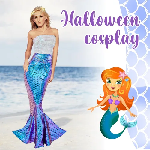 Vista 4 de Newcotte 4 piezas de disfraz de sirena para mujer, falda de tubo de lentejuelas, cintura de perla y cadena para la cabeza para Halloween Cosplay