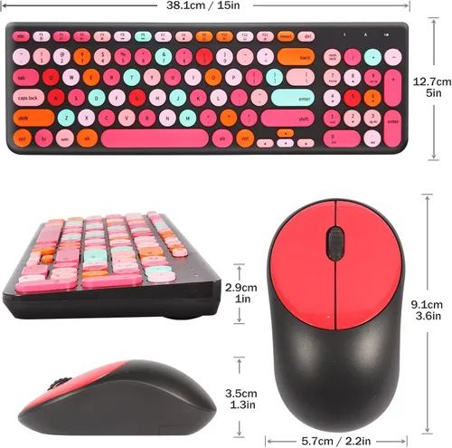 Vista 7 de Combo de teclado y mouse inalámbricos, teclado retro de máquina de escribir con teclas redondas, teclado inalámbrico USB de 2.4 GHz lindo