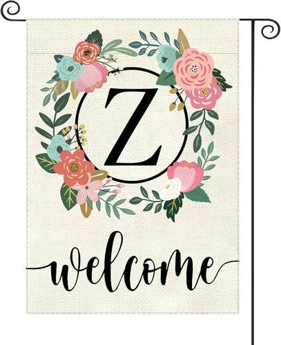 Vista 29 de Bandera de jardín con letra monograma, floral, 12 x 18 pulgadas, doble cara para exterior, pequeña de arpillera, familia, apellido, bandera inicial