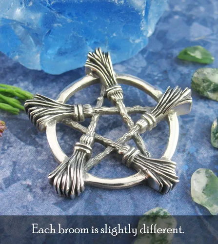 Vista 5 de Woot & Hammy Five Witch's Brooms or Besoms Pentacle Pendant, 100% Sterling Silver, Handmade