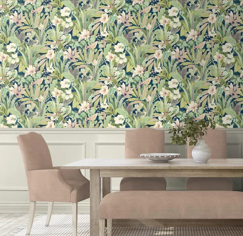 Vista 3 de NextWall Papel tapiz para despegar y pegar de pájaros florecientes (helecho y azul mezclilla)