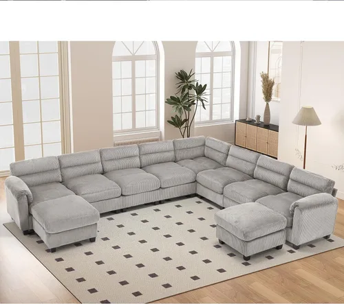 Vista 88 de HAOMARKETS Sofá esquinero modular en forma de L de 115 pulgadas con 2 otomanas móviles, sofás de pana de 8 plazas con cojín grueso para sala de Beige