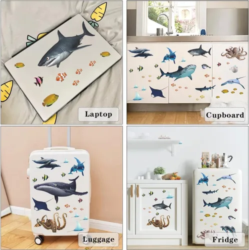 Vista 5 de Calcomanías de pared de peces con temática oceánica, bricolaje, ballena submarina, pulpo, delfín, tiburón, calcomanías de pared para despegar