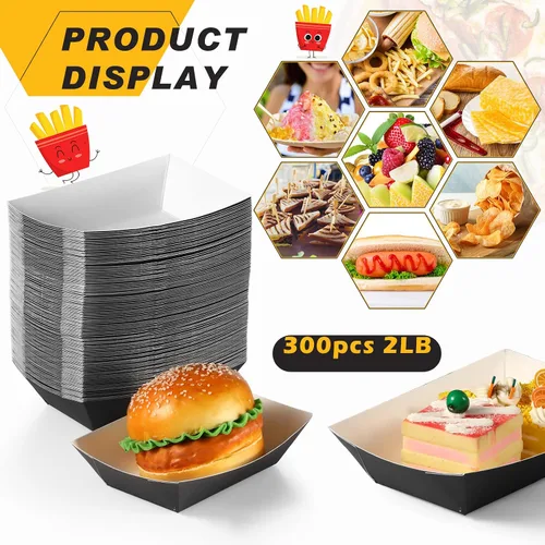Vista 3 de 300 bandejas desechables de papel negro para nachos, barcos de papel kraft desechables de 2 libras para comida rápida, tacos, concesión, papas