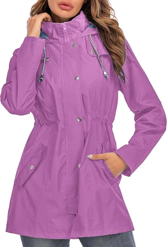 Vista 6 de Kikibell Chaqueta de lluvia para mujer con capucha, con forro a rayas, ligera, impermeable para exteriores, cortavientos Verde militar