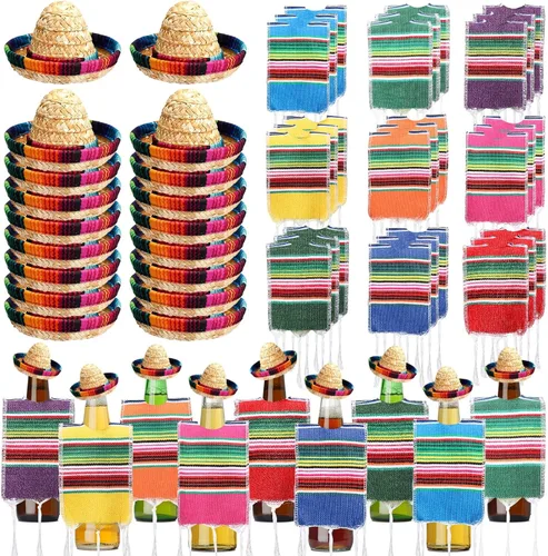 Vista 8 de Panitay 6 juegos de pequeños sombreros de sombrero, mini serapes para botellas, cubierta de poncho de cerveza, tapas de botellas para decoración