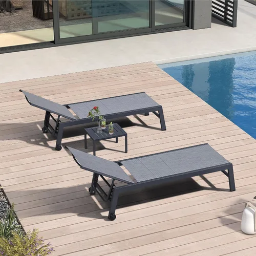 Vista 38 de PURPLE LEAF Juego de 2 tumbonas de aluminio para patio al aire libre con ruedas y mesa auxiliar, tumbona de piscina para jardín al aire libre, junto