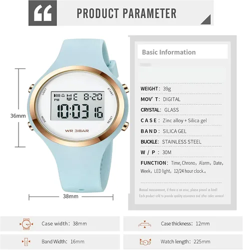 Vista 4 de Relojes deportivos para exteriores, reloj despertador, 5 bares, impermeable, LED digital