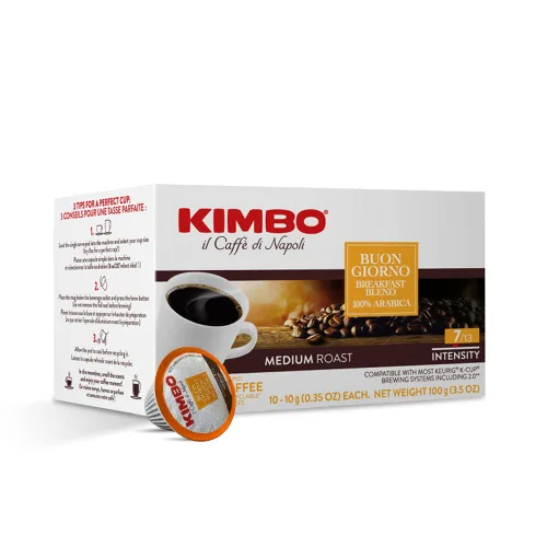 Vista 2 de Kimbo Buongiorno Blend, 100% Arábica 60 cápsulas compatibles Keurig K-Cup Tostado medio, intensidad 7/13 tostado, mezclado y fabricado