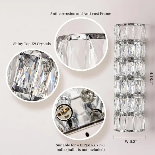 Vista 4 de Aplique de pared de cristal cromado de 6 capas, elegante y moderno, adecuado para baño, escalera, cocina, sala de estar, dormitorio, pasillo, 60 W