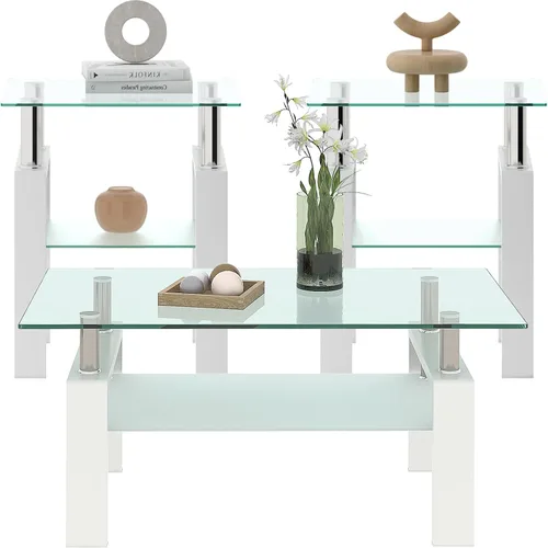 Vista 8 de ODUSE-DAILY Juego de 3 mesas de centro de cristal negro, juego de 3 piezas, mesa de centro de cristal negro y mesa auxiliar, patas de metal, vidrio