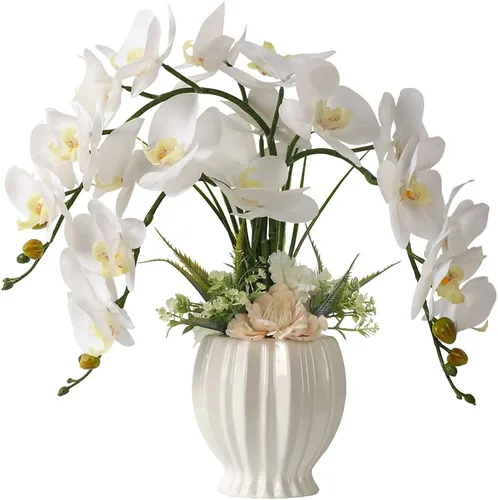 Vista 10 de LESING Artificial Potted Orchid Flower for Table Centerpieces,Real Touch White Fake Orchid Flowers in Vase for Home Decoration (Style 2,Black Vase)