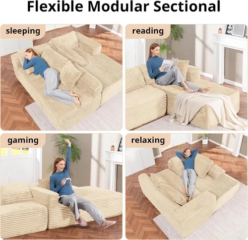 Vista 6 de LUCKLIFE - Sofá seccional modular con chaise en forma de L, tapizado en pana, sofás sin huesos para sala de estar, sofá cama extragrande, no Beige