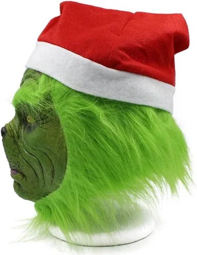 Vista 4 de Máscara de disfraz verde de Navidad, máscara de Halloween, máscara de monstruo de cosplay, máscara de látex de cabeza completa, accesorios