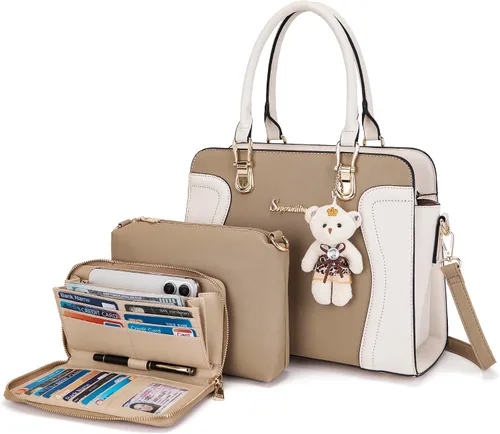 Vista 11 de Soperwillton Monederos para mujer, bolso cruzado de hombro, asa superior, bolsa de mano, cartera, juego de 3 piezas beige/marrón