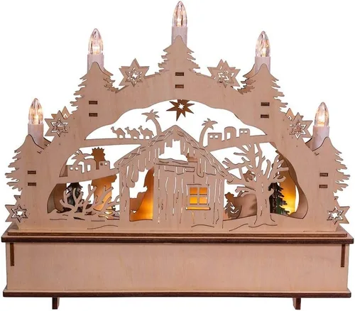 Vista 3 de Kurt S. Adler Belén de madera iluminado con pilas de 11 pulgadas con velas