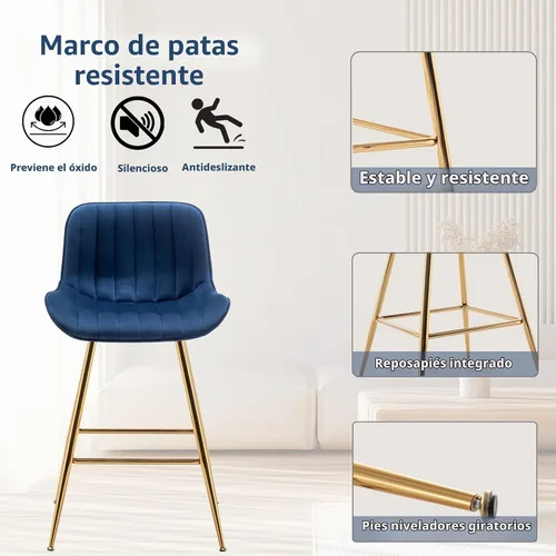 Vista 6 de Sidanli Blue - Juego de 2 taburetes de bar de terciopelo de 24 pulgadas con reposapiés, sillas de bar modernas para el hogar, isla de cocina, comedor