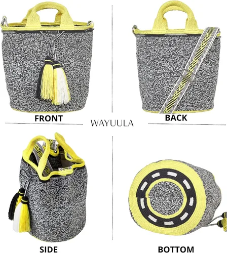 Vista 4 de Mochila colombiana Wayuu, 100 % auténtica, diseño minimalista bohemio, tejido a mano, ganchillo, bolsa cruzada para mujer, Marrón, beige, negro.