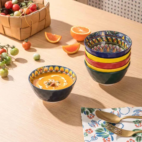 Vista 4 de Henten Home Juego de 6 cuencos pequeños para postre, juego de cuencos de arroz de cerámica de 12 onzas, cuencos coloridos de porcelana para Bohemio