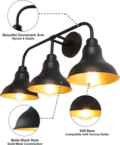 Vista 3 de Lámparas de tocador de baño de granja de 25 pulgadas, lámparas de baño de 3 luces sobre espejo, apliques rústicos de pared con pantalla de metal