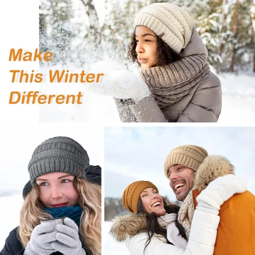 Vista 79 de FURTALK Gorro de invierno para mujer, con forro de satén, tejido trenzado, grueso, holgado, gorro cálido
